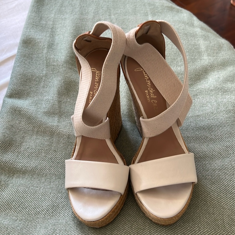 Gently used leather textile espadrille wedge